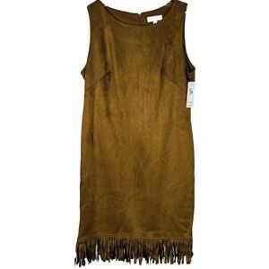 Shelby & Palmer Brown Faux‎ Suede Stretch Sheath Dress 14 NWT Fringe Hem